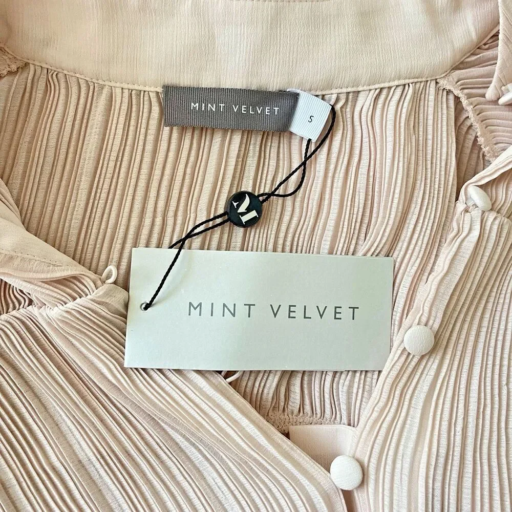 New Mint Velvet Blouse Size S Neutral Pink Crinkle Long Sleeve Elegant Pleated - Picture 4 of 7
